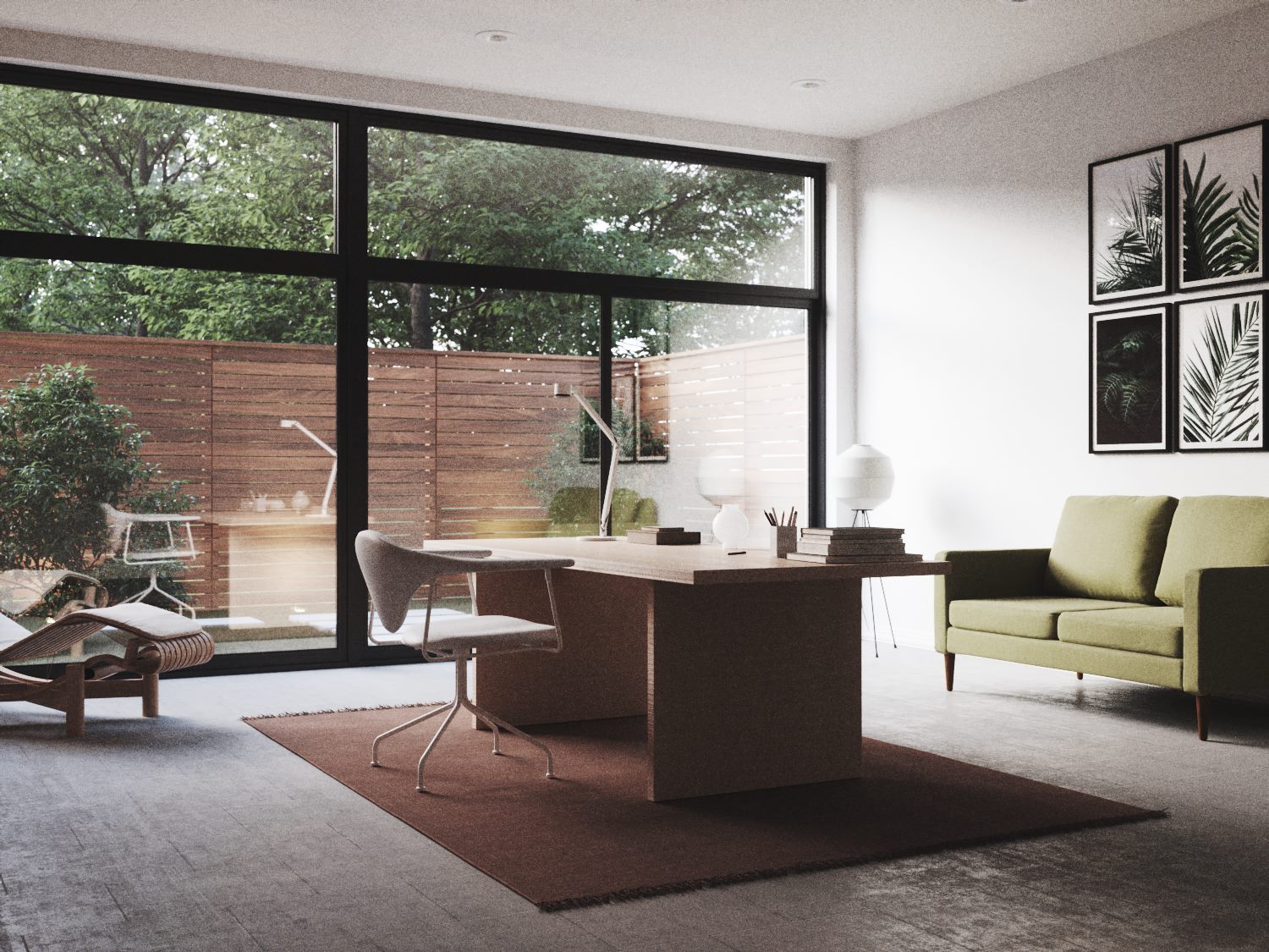 Room with a wooden desk, a yellow sofa and a wall of windows facing a garden
