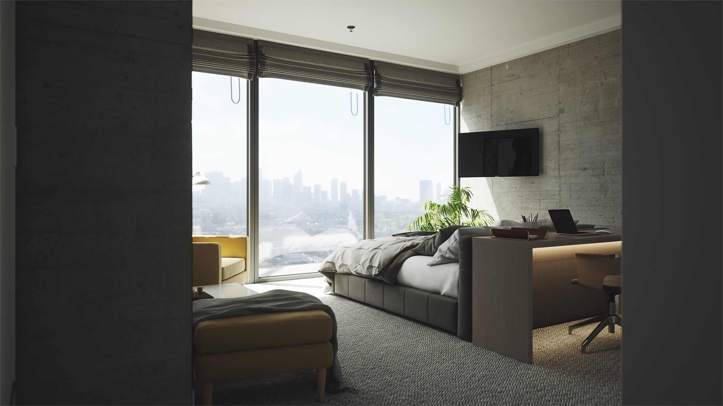 Hotel room with a bed, a desk and floor-to-ceiling windows overlooking a city