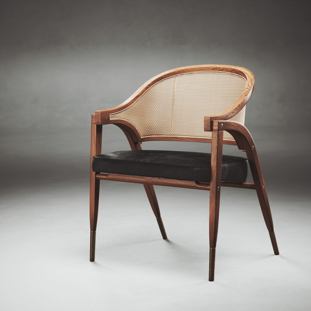 Chair with a curved wooden frame, woven back and dark seat against a grey backdrop