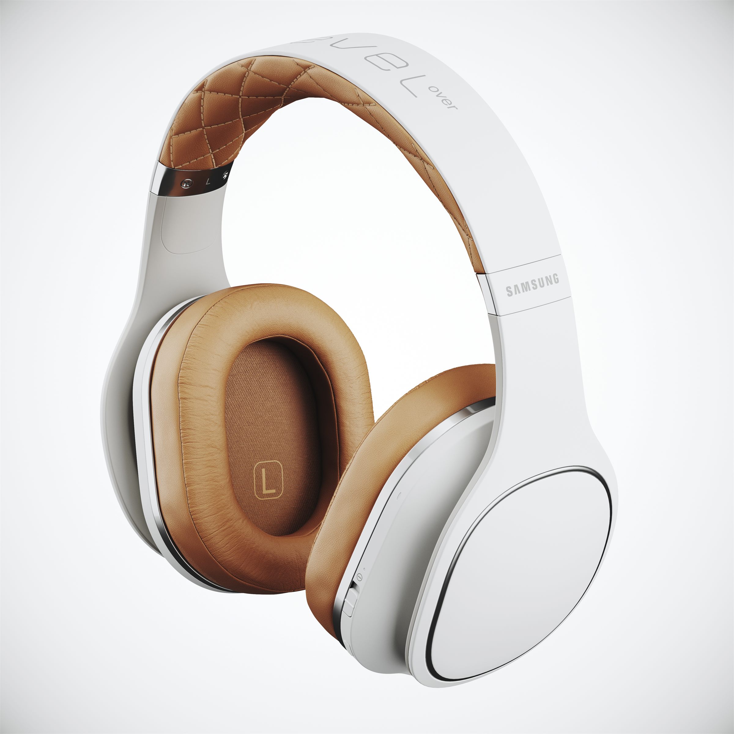 White over-ear headphones with tan leather ear cushions
