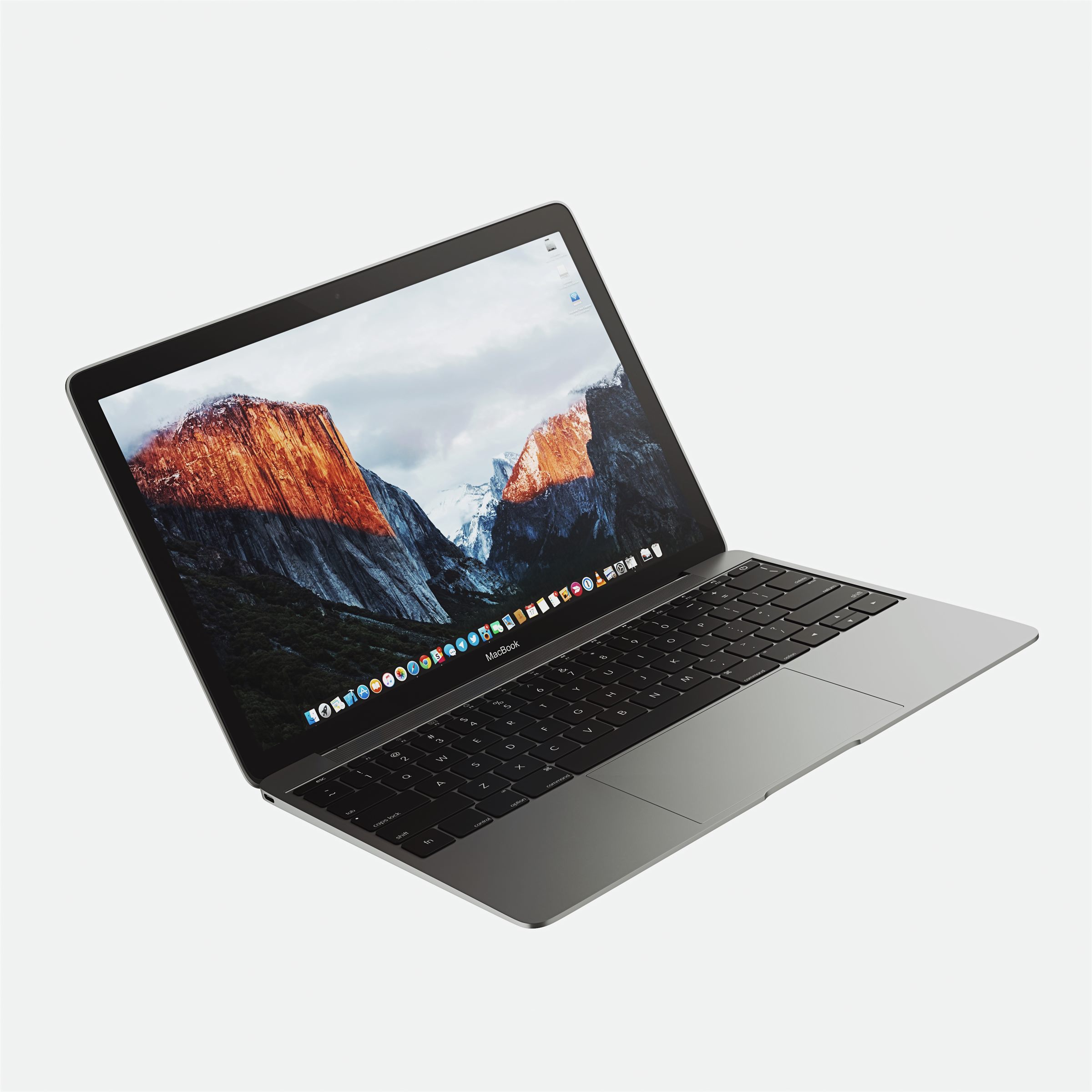 Open silver laptop with a mountain wallpaper on a white background